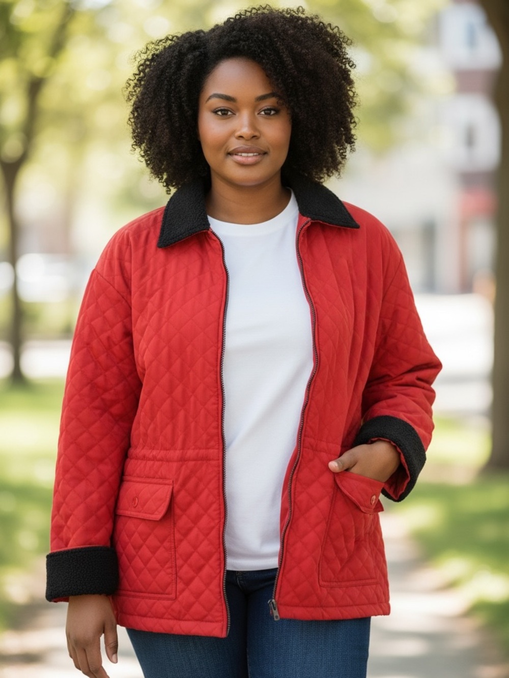 90s KORET RED QUILTED UTILITY BARN JACKET W BLACK FLEECE COLLAR & CUFFS SZ L